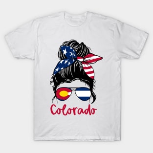 Colorado  girl Messy bun , American Girl , Colorado Flag T-Shirt